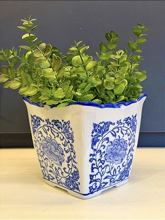 Cachepot em Cerâmica - Azul e Branco - 15CM