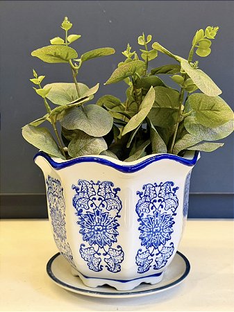 Cachepot em Cerâmica - Azul e Branco - 15CM