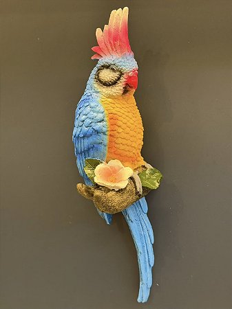 Escultura de Parede - Cacatua - Decorativa - Resina - Azul, Amarelo e Colorido