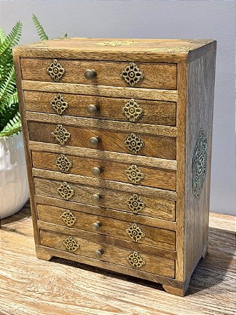 Mini Gaveteiro- Porta Joias - Madeira e Metal - Marrom e Dourado - 23X12X31CM