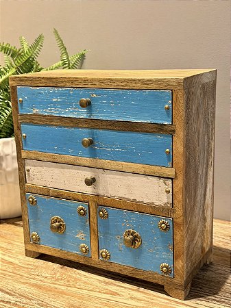 Mini Gaveteiro - Porta Joias - Madeira - Marrom, Azul e Branco - 25X11X27CM
