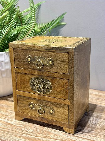 Mini Gaveteiro - Porta Joias - Madeira e Metal - Marrom e Dourado - 16X13X20CM