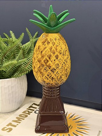 Escultura Abacaxi - Decorativo - Cerâmica - Amarelo, Verde e Marrom