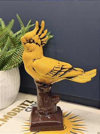 Escultura Cacatua - Decorativa - Cerâmica - Amarelo e Marrom