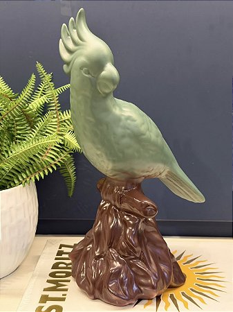Escultura Cacatua - Decorativa - Cerâmica - Verde e Marrom