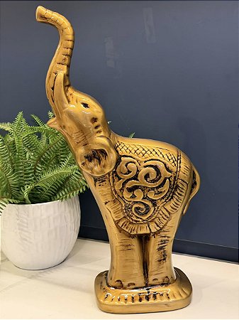 Escultura Elefante - Cerâmica - Dourado e Preto