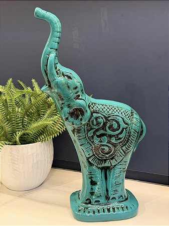 Escultura Elefante - Cerâmica - Turquesa e Preto