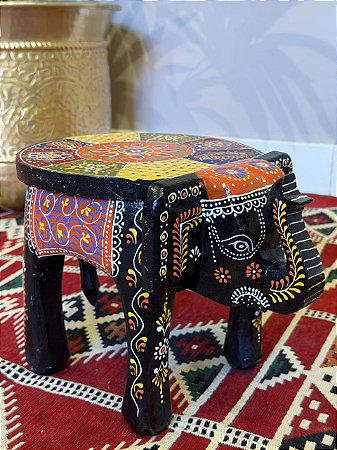 Banqueta - Elefante - Madeira - 20cm - Pintado à Mão - Preto e Colorido