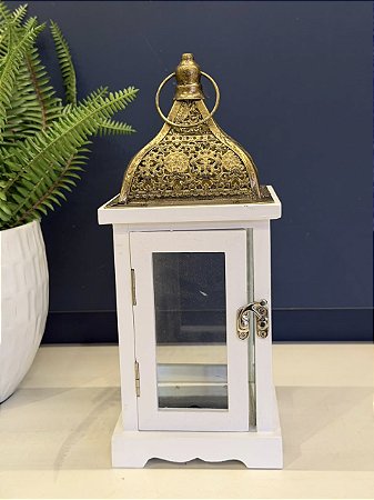 Lanterna - Madeira e Metal - Branco e Dourado - 28CM