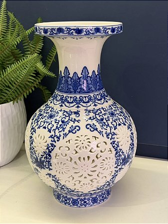 Vaso - Cerâmica - Azul e Branco - 32CM