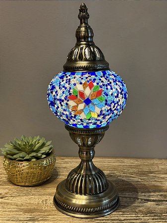 Luminária Turca Mosaico M - Sem Fio - Azul e Colorido