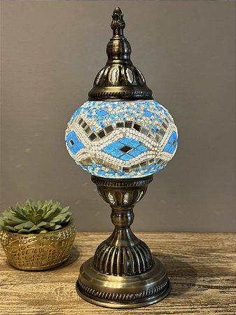 Luminária Turca Mosaico M - Sem Fio - Azul e Branco