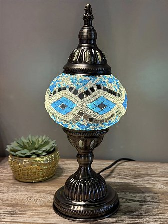 Luminária Turca Mosaico M - Azul e Branco