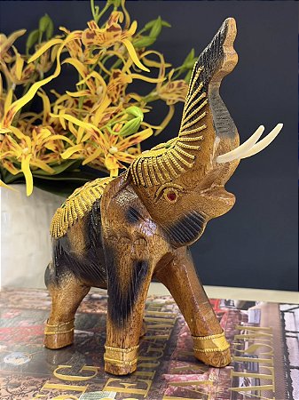 Elefante - Madeira Maciça com Apliques - 25CM