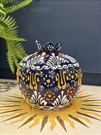 Romã Decorativa - Cerâmica - Pintado à mão - Turquia - Azul Escuro - 11CM