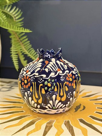 Romã Decorativa - Cerâmica - Pintado à mão - Turquia - Azul Escuro - 7,5CM