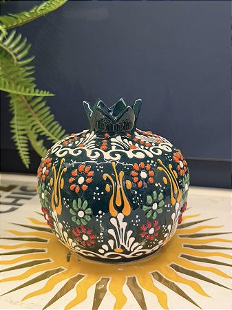 Romã Decorativa - Cerâmica - Pintado à mão - Turquia - Verde Escuro - 11CM