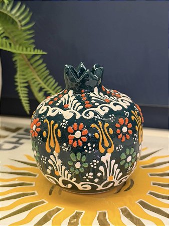 Romã Decorativa - Cerâmica - Pintado à mão - Turquia - Verde Escuro - 9,5CM