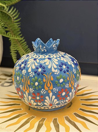 Romã Decorativa - Cerâmica - Pintado à mão - Turquia - Azul - 11CM