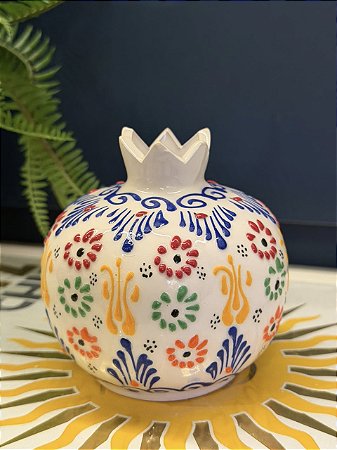 Romã Decorativa - Cerâmica - Pintado à mão - Turquia - Branco - 11CM