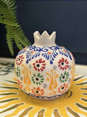 Romã Decorativa - Cerâmica - Pintado à mão - Turquia - Branco - 9,5CM