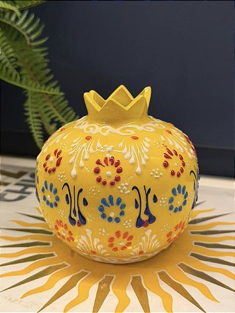 Romã Decorativa - Cerâmica - Pintado à mão - Turquia - Amarelo - 11CM