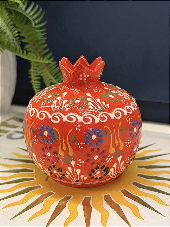Romã Decorativa - Cerâmica - Pintado à mão - Turquia - Laranja - 11CM