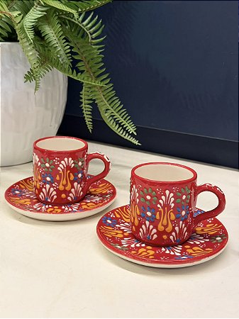 Xícara Turca - Pares - Cerâmica - Pintado à mão - Vermelho