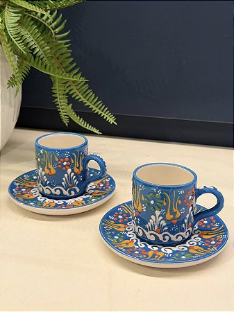 Xícara Turca - Pares - Cerâmica - Pintado à mão - Azul