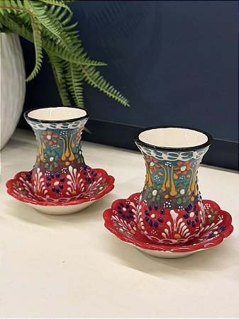 Copo Turco - Pares - Cerâmica - Pintado à mão - Vermelho, Turquesa e Colorido
