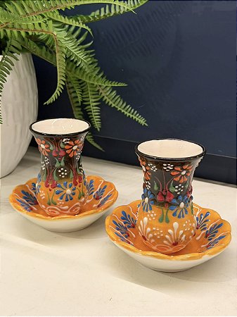 Copo Turco - Pares - Cerâmica - Pintado à mão - Amarelo, Marrom e Colorido