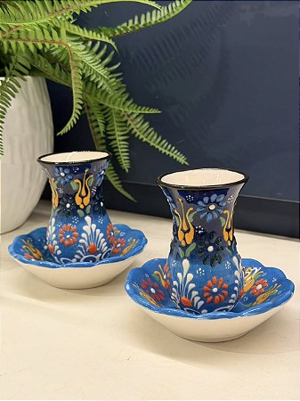 Copo Turco - Pares - Cerâmica - Pintado à mão - Azul e Colorido
