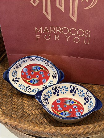 Par Petisqueiras Turcas - Tigela - Cerâmica - Pintado à mão - Azul, Branco e Vermelho