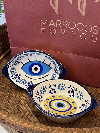 Par Petisqueiras Turcas - Tigela - Cerâmica - Pintado à mão - Azul, Branco e Amarelo