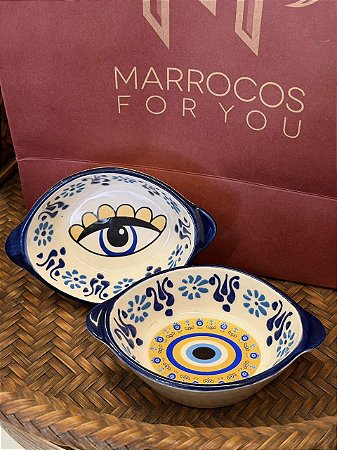 Par Petisqueiras Turcas - Tigela - Cerâmica - Pintado à mão - Azul, Branco e Amarelo