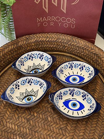 Kit 4 Petisqueiras Turcas - Tigela - Cerâmica - Pintado à mão - Azul, Branco e Amarelo