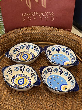 Kit 4 Petisqueiras Turcas - Tigela - Cerâmica - Pintado à mão - Azul, Branco e Amarelo