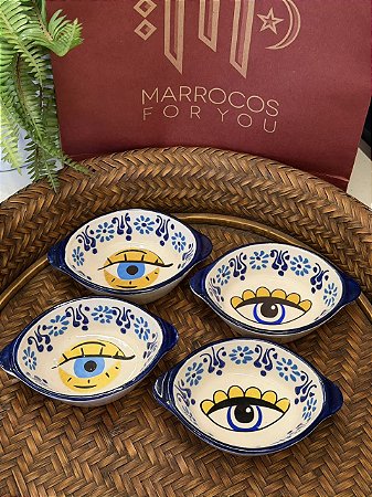 Kit 4 Petisqueiras Turcas - Tigela - Cerâmica - Pintado à mão - Azul, Branco e Amarelo