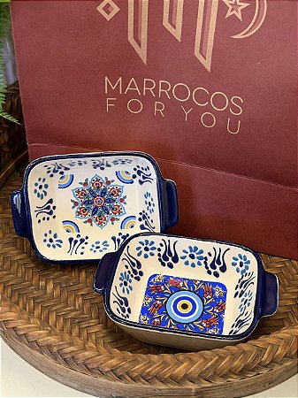 Par Petisqueiras Turcas - Tigela - Cerâmica - Pintado à mão - Azul, Branco e Colorido