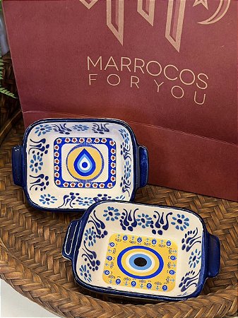 Par Petisqueiras Turcas - Tigela - Cerâmica - Pintado à mão - Azul, Branco e Amarelo