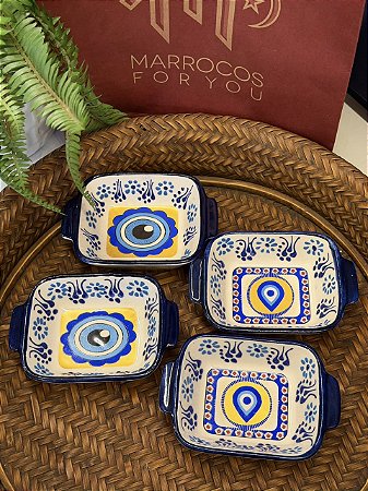 Kit 4 Petisqueiras Turcas - Tigela - Cerâmica - Pintado à mão - Azul, Branco e Amarelo