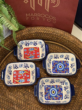 Kit 4 Petisqueiras Turcas - Tigela - Cerâmica - Pintado à mão - Azul, Branco e Colorido