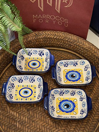 Kit 4 Petisqueiras Turcas - Tigela - Cerâmica - Pintado à mão - Azul, Branco e Amarelo