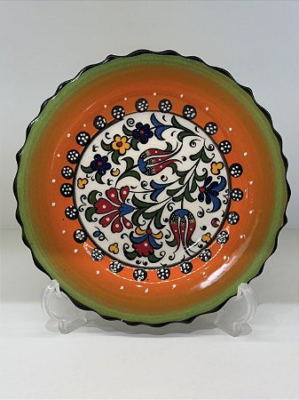 Prato de Parede Pequeno - Turquia - Decorativo - Cerâmica - Alto Relevo - Verde, Laranja e Colorido