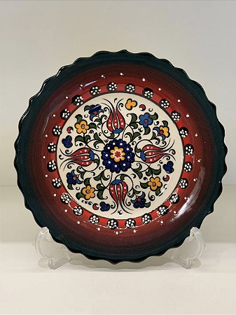 Prato de Parede Pequeno - Turquia - Decorativo - Cerâmica - Alto Relevo - Vermelho, Verde e Colorido