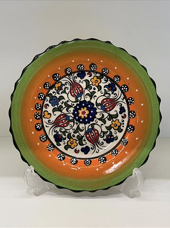 Prato de Parede Pequeno - Turquia - Decorativo - Cerâmica - Alto Relevo - Verde, Laranja e Colorido