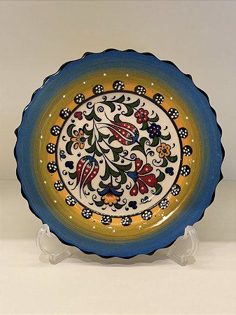 Prato de Parede Pequeno - Turquia - Decorativo - Cerâmica - Alto Relevo - Azul, Amarelo e Colorido