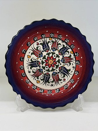 Prato de Parede Pequeno - Turquia - Decorativo - Cerâmica - Alto Relevo - Roxo, Vermelho e Colorido