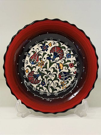 Prato de Parede Pequeno - Turquia - Decorativo - Cerâmica - Alto Relevo - Vermelho, Preto e Colorido