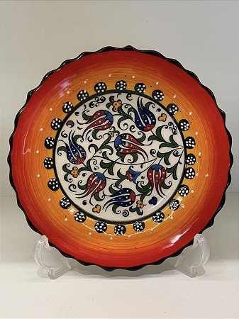 Prato de Parede Pequeno - Turquia - Decorativo - Cerâmica - Alto Relevo - Laranja e Colorido